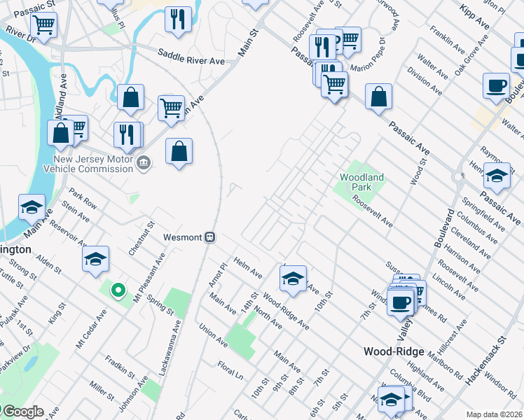 map of restaurants, bars, coffee shops, grocery stores, and more near 101 Johnson Drive in Wood-Ridge
