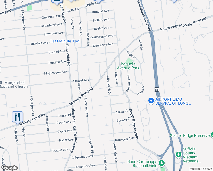 map of restaurants, bars, coffee shops, grocery stores, and more near 226 Mooney Pond Road in Selden