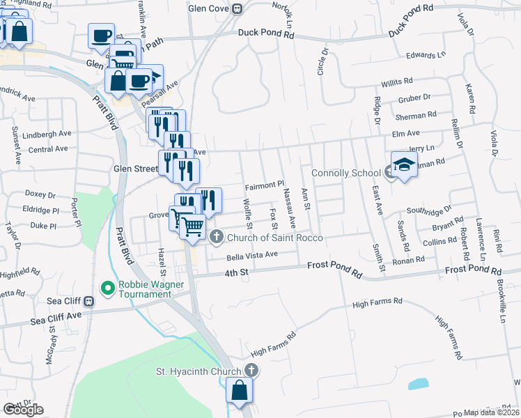 map of restaurants, bars, coffee shops, grocery stores, and more near 31 Wolfle Street in Glen Cove