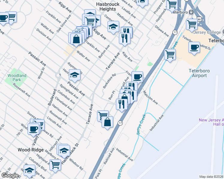 map of restaurants, bars, coffee shops, grocery stores, and more near 168 Berkshire Road in Hasbrouck Heights