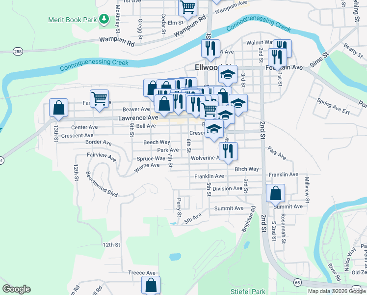 map of restaurants, bars, coffee shops, grocery stores, and more near 412 6th Street in Ellwood City