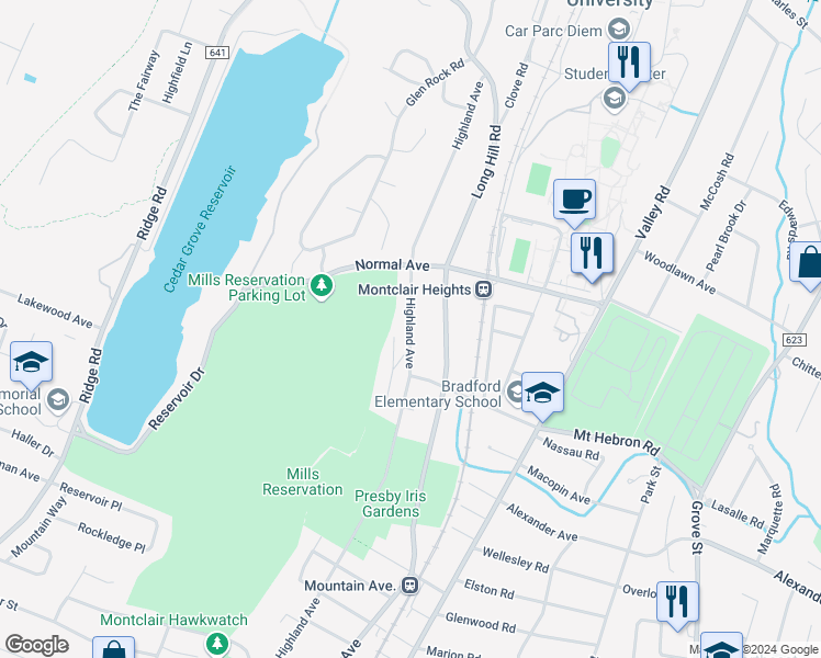 map of restaurants, bars, coffee shops, grocery stores, and more near 537 Highland Avenue in Montclair