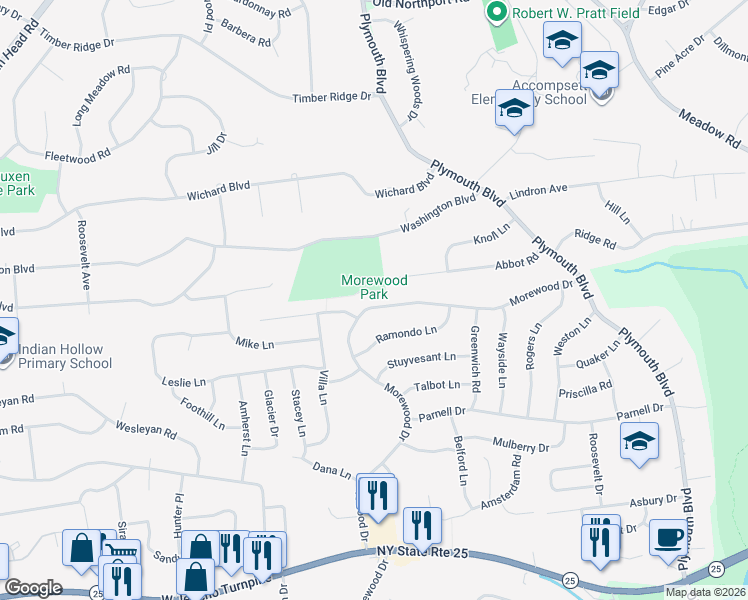 map of restaurants, bars, coffee shops, grocery stores, and more near 82 Morewood Drive in Smithtown