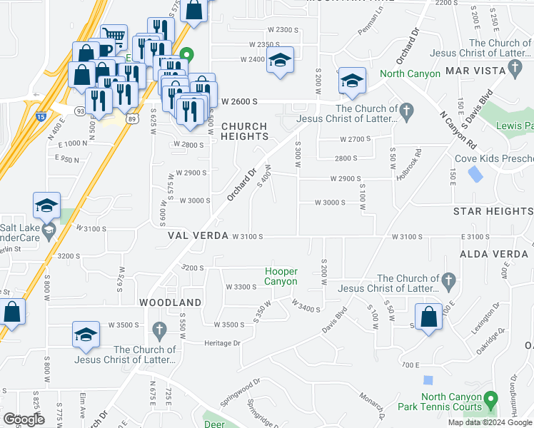 map of restaurants, bars, coffee shops, grocery stores, and more near 2996 Vista Circle in Bountiful