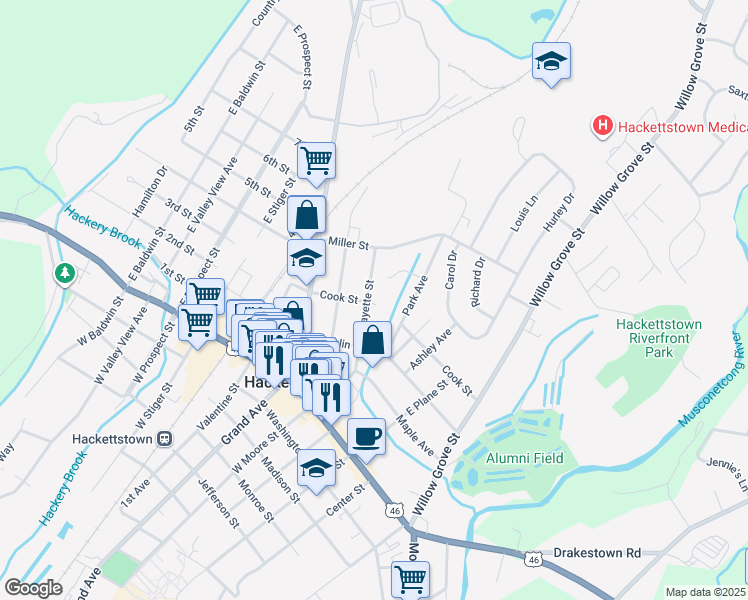 map of restaurants, bars, coffee shops, grocery stores, and more near 400 Lafayette Street in Hackettstown