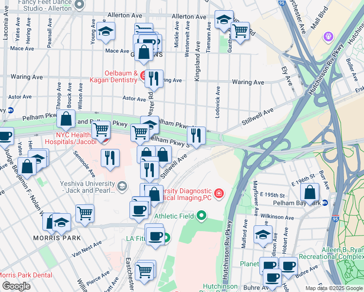 map of restaurants, bars, coffee shops, grocery stores, and more near 1600 Pelham Parkway North in Bronx