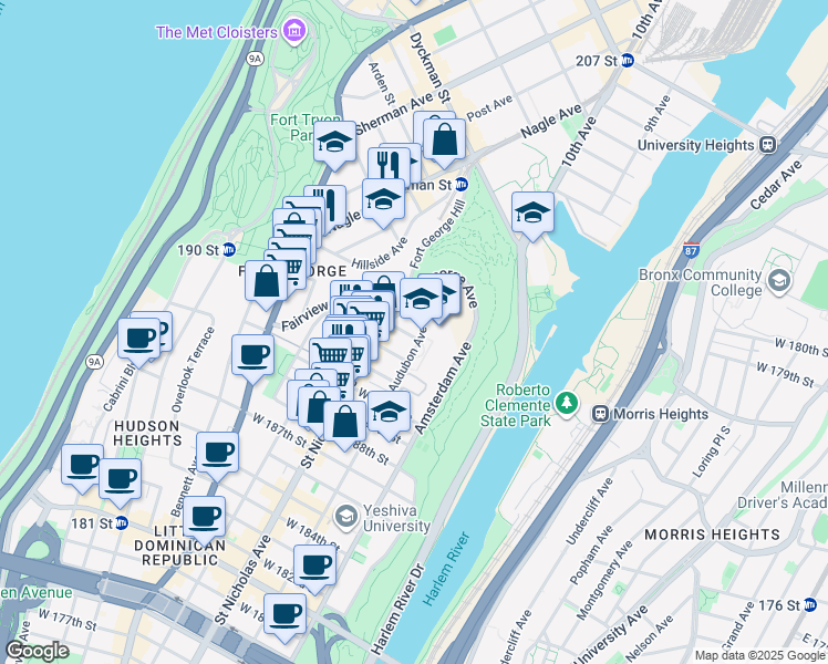 map of restaurants, bars, coffee shops, grocery stores, and more near 553 West 193rd Street in New York
