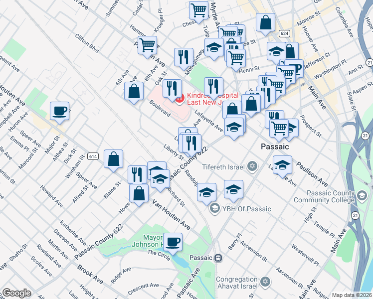 map of restaurants, bars, coffee shops, grocery stores, and more near 309 Boulevard in Passaic