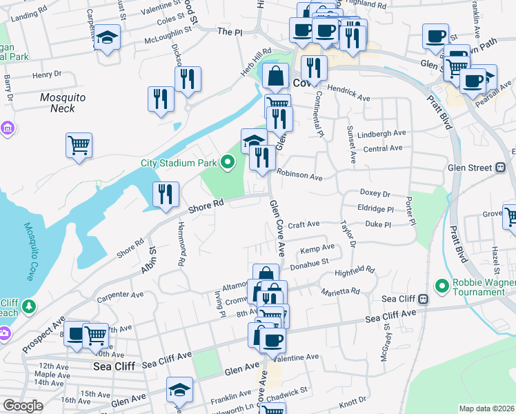 map of restaurants, bars, coffee shops, grocery stores, and more near 9 Harmony Lane in Glen Cove