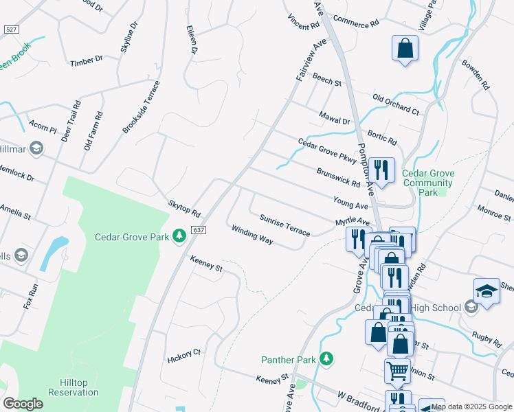 map of restaurants, bars, coffee shops, grocery stores, and more near 155 Sunrise Terrace in Cedar Grove