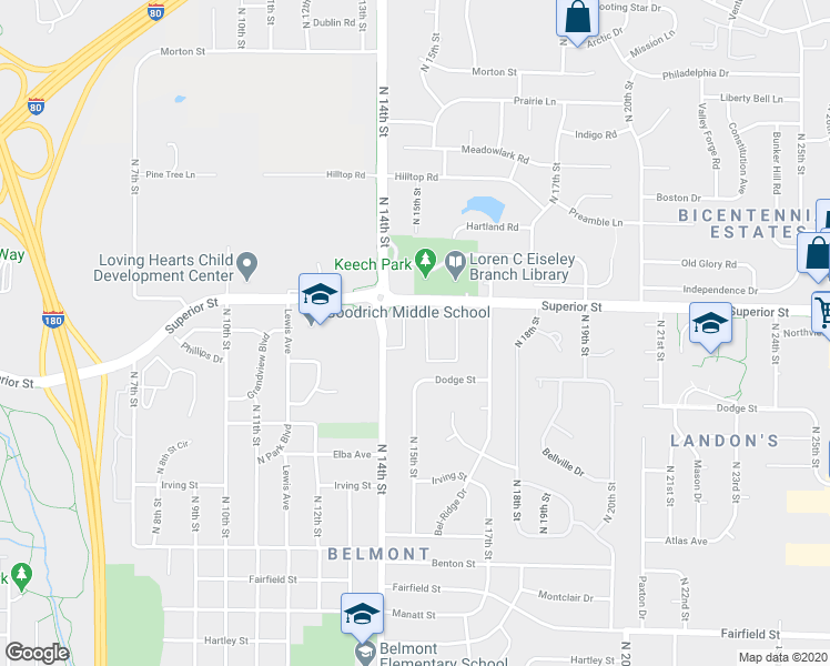 map of restaurants, bars, coffee shops, grocery stores, and more near 1401 Superior Street in Lincoln