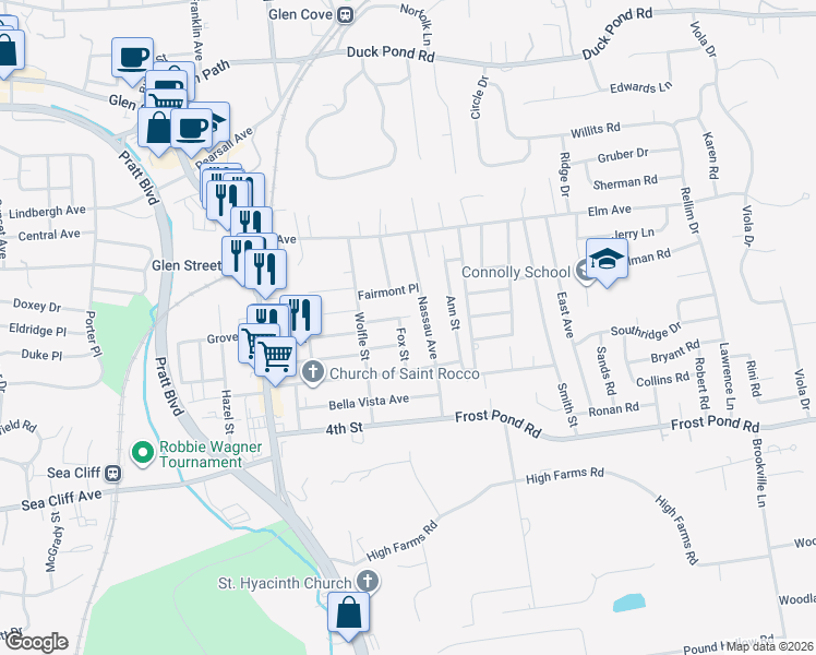 map of restaurants, bars, coffee shops, grocery stores, and more near 61 1st Street Extension in Glen Cove