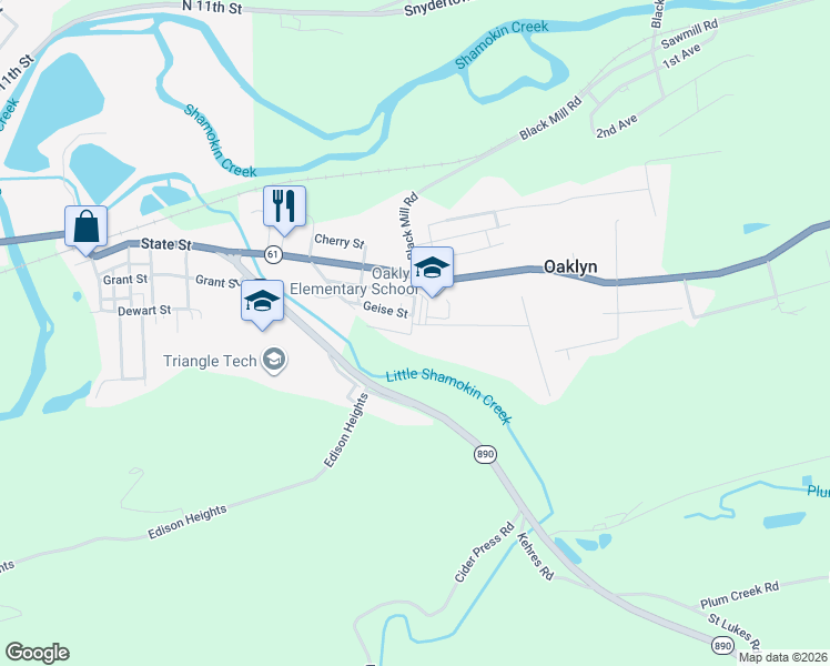 map of restaurants, bars, coffee shops, grocery stores, and more near Oak Street in Sunbury