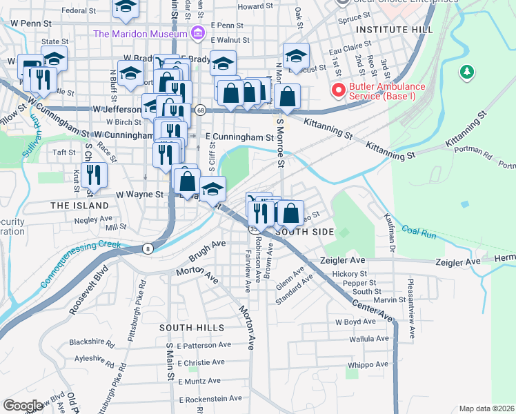 map of restaurants, bars, coffee shops, grocery stores, and more near 210A Spring Street in Butler