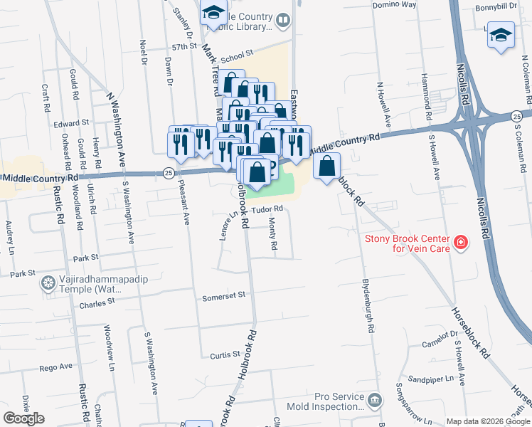 map of restaurants, bars, coffee shops, grocery stores, and more near 110 Tudor Road in Centereach