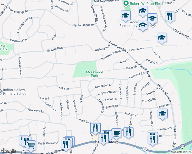 map of restaurants, bars, coffee shops, grocery stores, and more near 82 Morewood Drive in Smithtown
