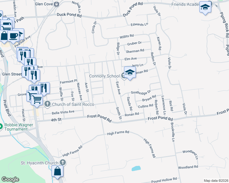 map of restaurants, bars, coffee shops, grocery stores, and more near 40 East Avenue in Glen Cove