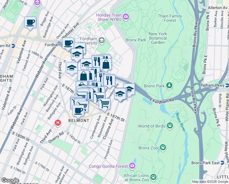 map of restaurants, bars, coffee shops, grocery stores, and more near 2496 Belmont Avenue in Bronx
