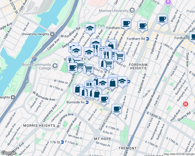 map of restaurants, bars, coffee shops, grocery stores, and more near 2176 Grand Avenue in Bronx