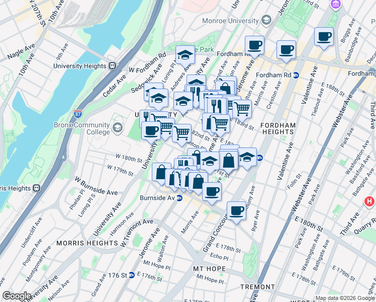 map of restaurants, bars, coffee shops, grocery stores, and more near 2176 Grand Avenue in Bronx
