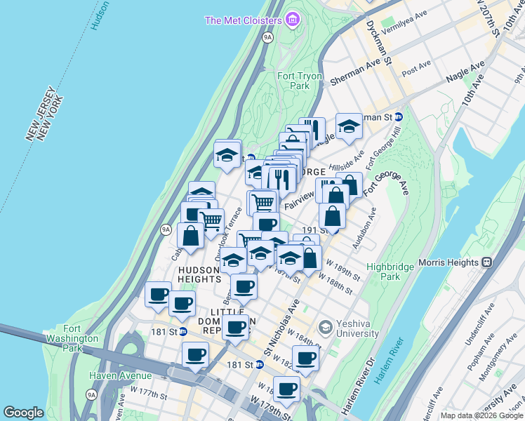 map of restaurants, bars, coffee shops, grocery stores, and more near 209 Bennett Avenue in New York