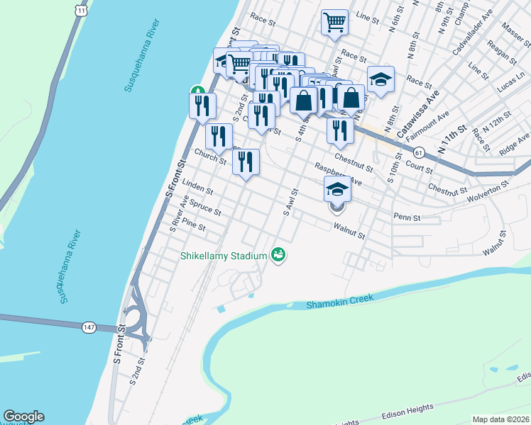 map of restaurants, bars, coffee shops, grocery stores, and more near 331-399 Walnut Street in Sunbury