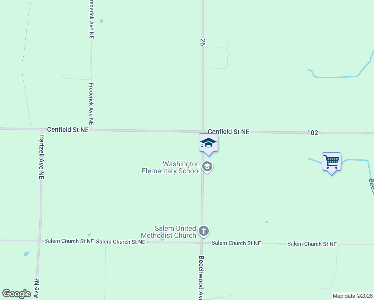 map of restaurants, bars, coffee shops, grocery stores, and more near 14022 Cenfield Street Northeast in Alliance