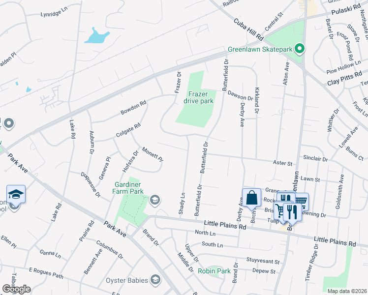 map of restaurants, bars, coffee shops, grocery stores, and more near 11 Frazer Drive in Greenlawn