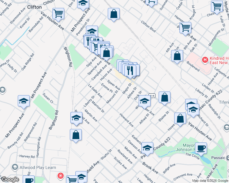 map of restaurants, bars, coffee shops, grocery stores, and more near 146 Speer Avenue in Clifton