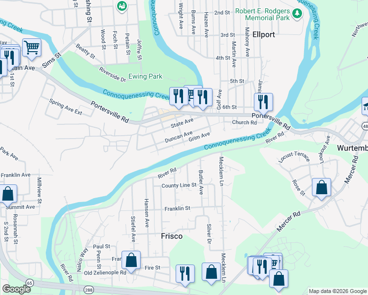 map of restaurants, bars, coffee shops, grocery stores, and more near 207 Duncan Avenue in Ellwood City