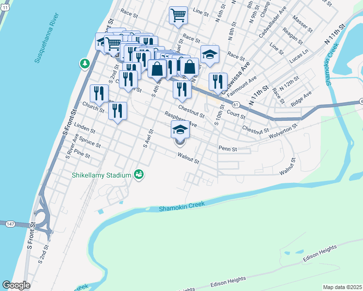 map of restaurants, bars, coffee shops, grocery stores, and more near 600 Walnut Street in Sunbury