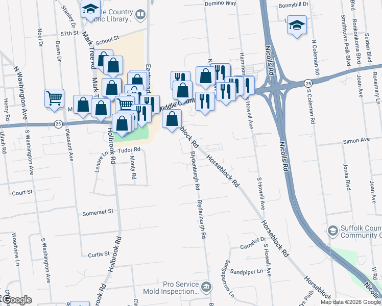 map of restaurants, bars, coffee shops, grocery stores, and more near 50 Horseblock Road in Centereach