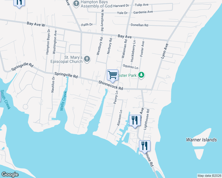 map of restaurants, bars, coffee shops, grocery stores, and more near 25A Shinnecock Road in Hampton Bays