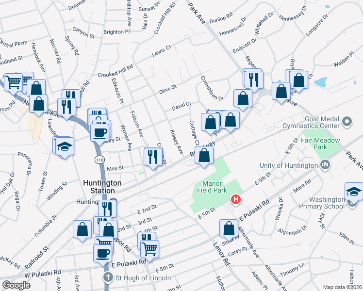 map of restaurants, bars, coffee shops, grocery stores, and more near 21 Kelsey Avenue in Huntington Station