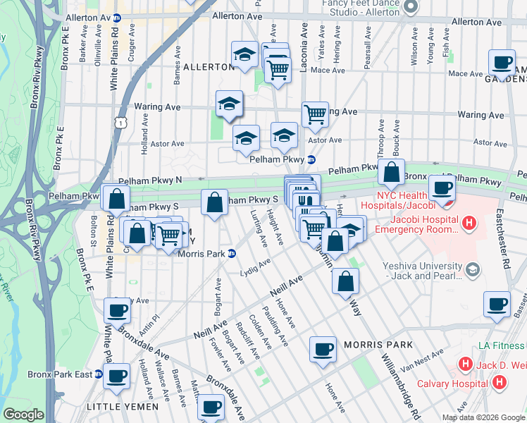 map of restaurants, bars, coffee shops, grocery stores, and more near 1090 Pelham Parkway North in The Bronx