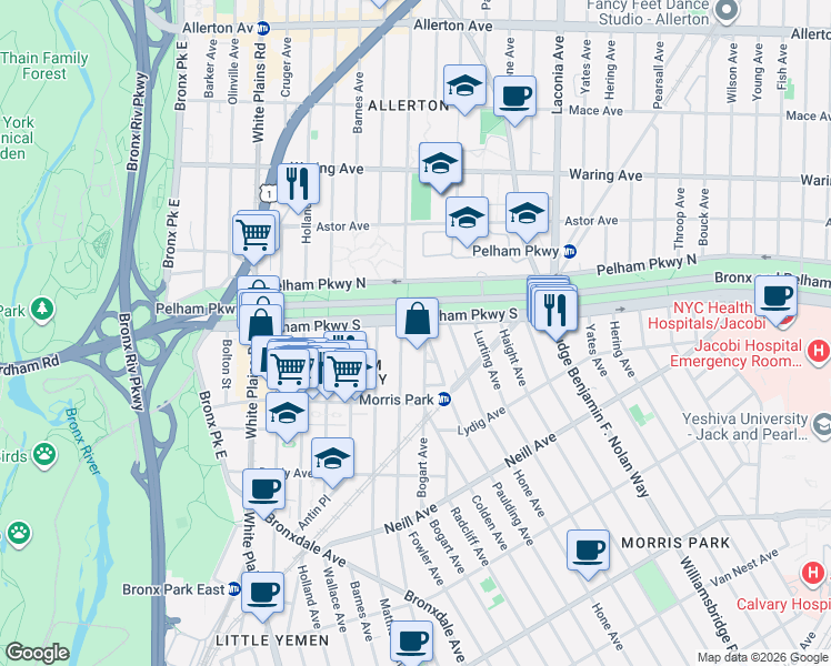 map of restaurants, bars, coffee shops, grocery stores, and more near in The Bronx