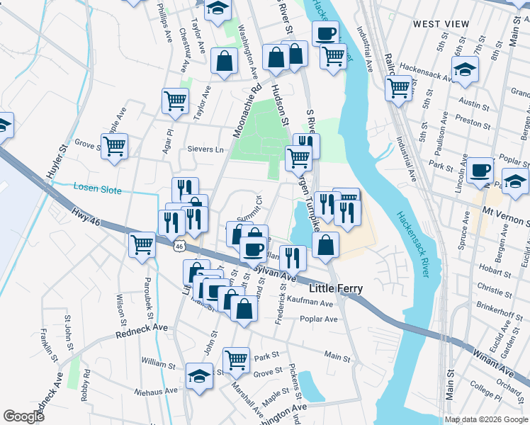 map of restaurants, bars, coffee shops, grocery stores, and more near 23 Indian Lake Drive in Little Ferry