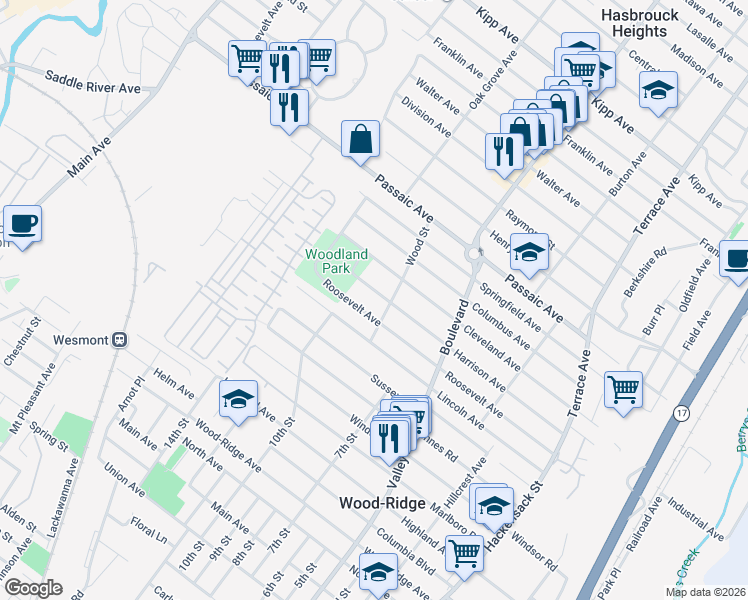 map of restaurants, bars, coffee shops, grocery stores, and more near 54 Harrison Avenue in Hasbrouck Heights