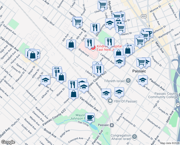 map of restaurants, bars, coffee shops, grocery stores, and more near 47 Linden Street in Passaic
