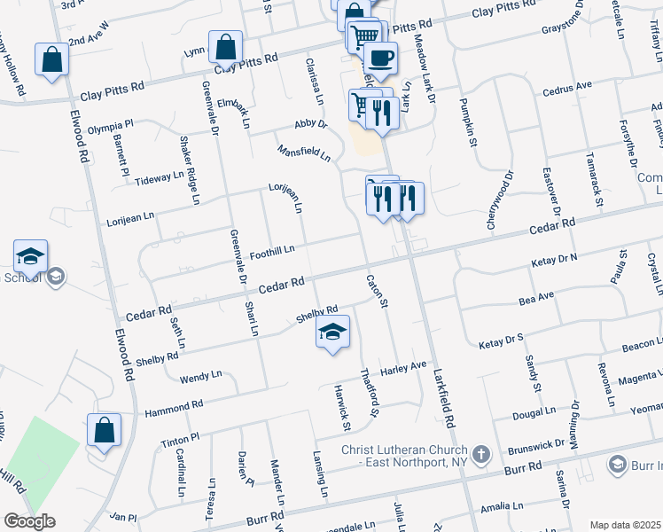map of restaurants, bars, coffee shops, grocery stores, and more near 75 Cedar Road in East Northport