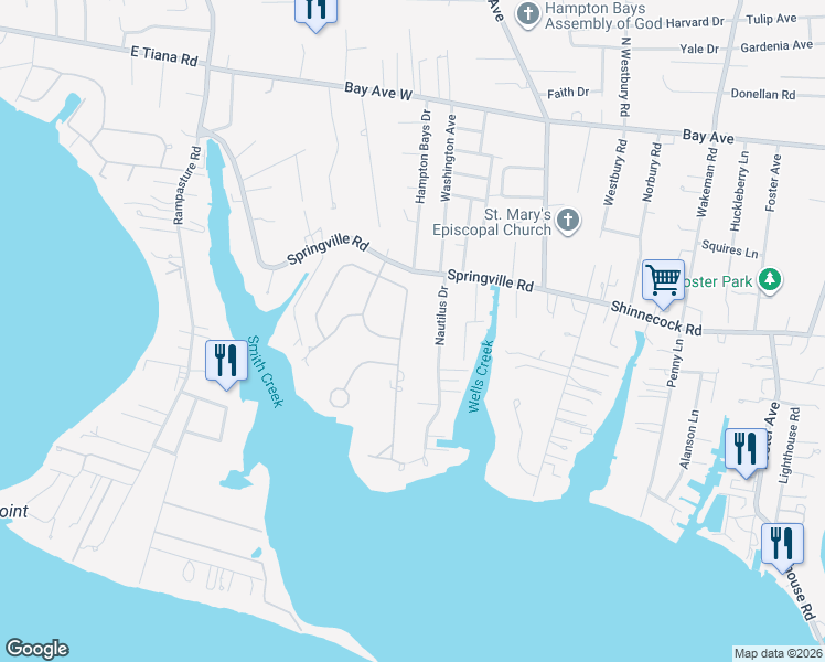 map of restaurants, bars, coffee shops, grocery stores, and more near 11 Oak Lane in Hampton Bays