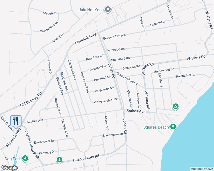 map of restaurants, bars, coffee shops, grocery stores, and more near 30 Jones Road in East Quogue