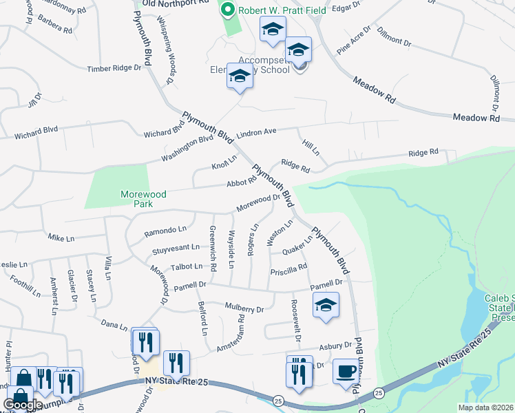 map of restaurants, bars, coffee shops, grocery stores, and more near 134 Morewood Drive in Smithtown