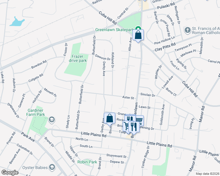 map of restaurants, bars, coffee shops, grocery stores, and more near 62 Derby Avenue in Greenlawn