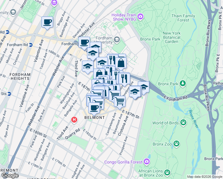 map of restaurants, bars, coffee shops, grocery stores, and more near 2471 Hughes Avenue in The Bronx