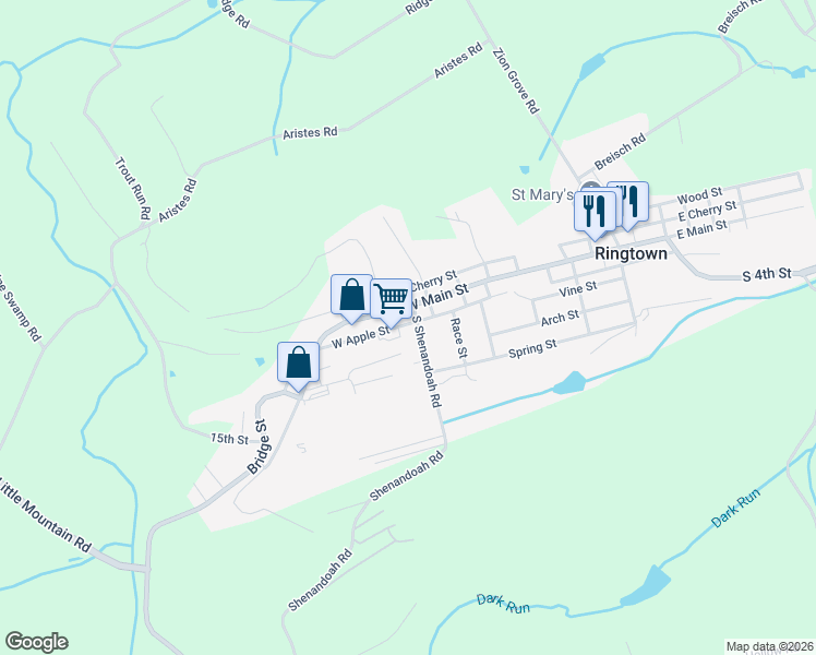 map of restaurants, bars, coffee shops, grocery stores, and more near 372 West Main Street in Ringtown