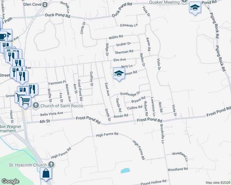 map of restaurants, bars, coffee shops, grocery stores, and more near 100 Ridge Drive in Glen Cove
