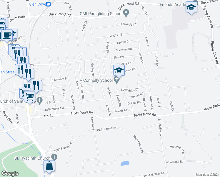 map of restaurants, bars, coffee shops, grocery stores, and more near 40 East Avenue in Glen Cove