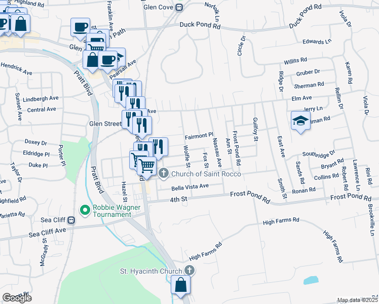 map of restaurants, bars, coffee shops, grocery stores, and more near 31 Wolfle Street in Glen Cove