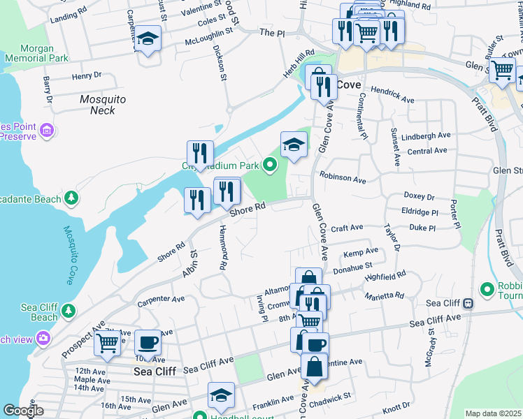 map of restaurants, bars, coffee shops, grocery stores, and more near 35 Harmony Lane in Glen Cove